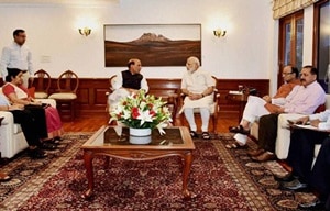 The meeting was attended by top ministers and officials where they briefed him about slain Hizbul Mujahideen commander Burhan Wani. (PTI) The meeting was attended by top ministers and officials where they briefed him about slain Hizbul Mujahideen commander Burhan Wani. (PTI)