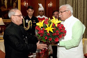President Pranab Mukherjee being greeted by Haryana Chief Minister M L Khattar during the launch of the Smart Model Villages Initiative at a function in Rashtrapati Bhawan on Saturday. (PTI)  President Pranab Mukherjee being greeted by Haryana Chief Minister M L Khattar during the launch of the Smart Model Villages Initiative at a function in Rashtrapati Bhawan on Saturday. (PTI)