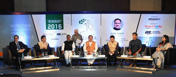 (R-L) Seema Chandra, Milind Soman, Avik Sanyal, JP Nadda, Sudhir Ramchandra Gupta, member of the Bharatiya Janata Party, Sam Bedi and Dr Ashish Jain