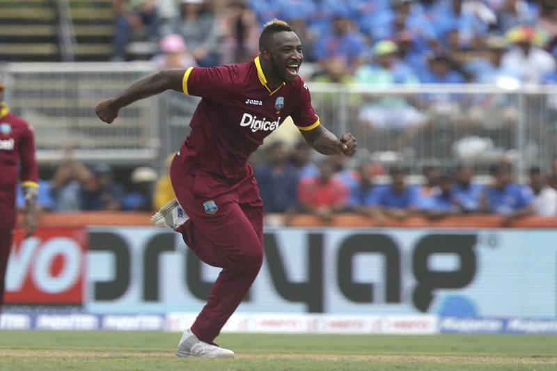 West Indies' Andre Russell reacts after taking the wicket of India's Ajinkya Rahane during the first Twenty20 international cricket match (AP)