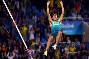 A roar to match anything from Sunday's 100 metres final - produced by a crowd a quarter of the size - accompanied the 22-year-old as he sailed over the bar, leaving the French world record holder and defending champion one more chance to beat him (Reuters) A roar to match anything from Sunday's 100 metres final - produced by a crowd a quarter of the size - accompanied the 22-year-old as he sailed over the bar, leaving the French world record holder and defending champion one more chance to beat him (Reuters)