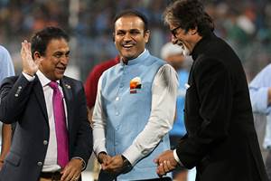 Virendra Sehwag, Amitabh Bachchan and Sunil Gavaskar having a fun moment/ (PTI file photo) Virendra Sehwag, Amitabh Bachchan and Sunil Gavaskar having a fun moment/ (PTI file photo)