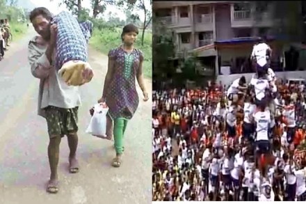 Dana Majhi carries his dead wife in Odisha's Kalahandi district, (right) Govindas defy Supreme Court restrictions on the maximum height of Dahi Handi in Mumbai. (Source: IE/ANI)