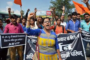 ABVP activists holding a protest march against JNU rape case in Patna. (PTI)
