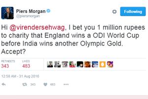 A snapshot of the Tweet by British journalist Piers Morgan. The Twitter battle between Morgan and Virender Sehwag started after India returned with two medals from Rio Olympics.