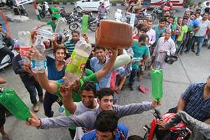 Drivers and Conductors Union and All Jammu and Kashmir Petrol Tankers Owners Association and stopped the supply of petroleum products to all depots across the state to protest against the recurring attacks on oil tankers and their drivers in Kashmir Valley in Jammu on Sunday. (PTI Photo)