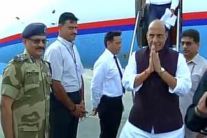 Rajnath Singh after arrival from Pakistan at airport in New Delhi today. (Image: ANI) Rajnath Singh after arrival from Pakistan at airport in New Delhi today. (Image: ANI)