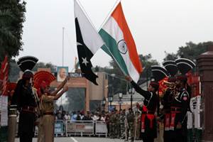 The iconic flag-lowering and retreat ceremony at Wagah. (PTI file photo)