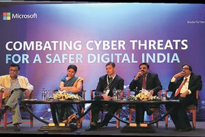 (L-R) Sunil Jain, managing editor, The Financial Express (moderator); Neeta Verma, director general, National Informatics Centre (NIC); Sumit Puri, CIO, Max Healthcare; Sanjeev Gupta, general manager, Microsoft India and B N Satpathy, senior consultant, NITI Aayog at a panel discussion on ‘Securing Digital India through a Public-Private Model’ 