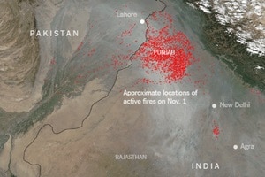 Farmers in neighboring Punjab and Haryana have been setting fire to paddy stubble in their fields after cultivating the crop as part of the slash and burn. (Source: NASA image courtesy Jeff Schmaltz LANCE/EOSDIS MODIS Rapid Response Team, GSFC)