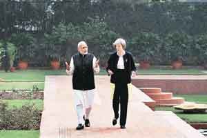 Walking the talk: PM Modi and his UK counterpart Theresa May in the lawns of Hyderabad House in New Delhi on Monday. (PTI) Walking the talk: PM Modi and his UK counterpart Theresa May in the lawns of Hyderabad House in New Delhi on Monday. (PTI)