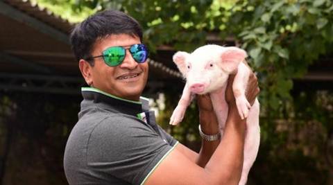 Ravi Babu had a cute piglet as company, who despite being noticed didn't made much of a fuss. (Twitter) Ravi Babu had a cute piglet as company, who despite being noticed didn't made much of a fuss. (Twitter)
