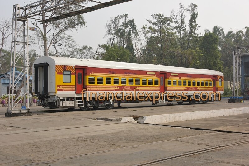 The Antyodaya Express, with LHB-type (Linke Hofmann Busch) coaches, has been given the colour scheme of red and yellow, with a design around the windows of the coaches.