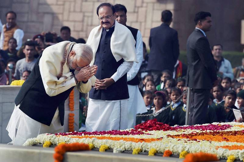 Union Minister Venkaiah Naidu on the 69th death anniversary of the Father of the Nation, inaugurated the newly renovated Mahatma Gandhi samadhi at Rajghat on Monday. The Gandhi Samadhi structure has been improved after underwent a major facelift. (PTI)