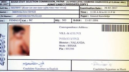 bihar, ssc, bihar staff selection commission, bssc intermediate admit card, bihar admit card, admit card, admit card bihar, bihar ssc nude photo, nude photo on admit card, topless photo on admit card, nalanda, patna