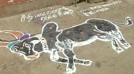 Jallikattu ban: With the debate over judicial interference and right to hold Jallikattu - a symbol of Tamil culture, raging on, people of Tamil Nadu on Monday resorted to creative and symbolic protests against Supreme Court's ban on the event. (ANI image) Jallikattu ban: With the debate over judicial interference and right to hold Jallikattu - a symbol of Tamil culture, raging on, people of Tamil Nadu on Monday resorted to creative and symbolic protests against Supreme Court's ban on the event. (ANI image)