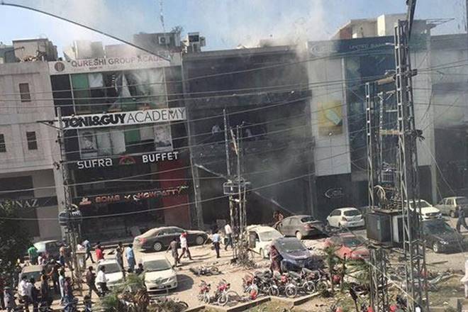 Police officials said 8-10 kilogrammes of explosives were used. The area has been cordoned off and a search operation is underway. (Picture Credit: Geo News) Police officials said 8-10 kilogrammes of explosives were used. The area has been cordoned off and a search operation is underway. (Picture Credit: Geo News)