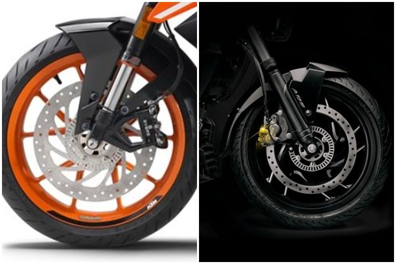 Brakes: KTM 390 Duke has a 2-channel Bosch ABS, 4-piston caliper and 320 mm disc diameter. The ABS can be turned off. Braking in the Dominar 400 is covered by 320mm front and 230mm rear disc, and the bike comes with an optional twin channel ABS system in the higher variant. The bike will come to a stop from 100-0 kmph in 46.19 metres, Bajaj claims.