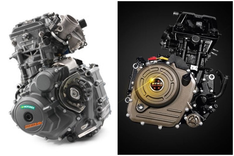 Engine: 390 Duke is powered by the same BS-IV compliant 373.2 cc single-cylinder, 4-stroke engine that produces 43.5 hp of power and 37 Nm of torque, and is paired to a 6-speed transmission with slipper clutch and Ride-By-Wire technology. The Dominar 400 comes with a 373.2 cc triple spark four valve DTS-i engine, with fuel injection and liquid cooling, paired to six-speed transmission and slipper clutch. It produces 34.5 hp of power and 35 Nm of torque.