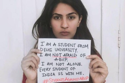 She makes it clear that she is hitting out at ABVP and she is protesting strongly against the ''tyranny of fear." Bravo! That's the way to be. She makes it clear that she is hitting out at ABVP and she is protesting strongly against the ''tyranny of fear." Bravo! That's the way to be.