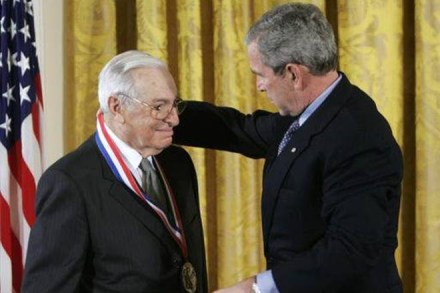 President George W Bush, right, presents the National Medal of Science to Dr. Kenneth J Arrow in Stanford University. (AP) President George W Bush, right, presents the National Medal of Science to Dr. Kenneth J Arrow in Stanford University. (AP)