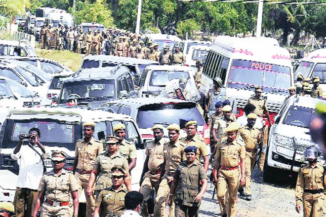 Police personnel at the resort in Koovathur on East Coast Road on the outskirts of Chennai where AIADMK general secretary VK Sasikala was staying, on Tuesday Police personnel at the resort in Koovathur on East Coast Road on the outskirts of Chennai where AIADMK general secretary VK Sasikala was staying, on Tuesday
