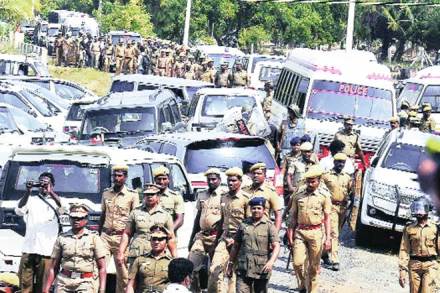 Police personnel at the resort in Koovathur on East Coast Road on the outskirts of Chennai where AIADMK general secretary VK Sasikala was staying, on Tuesday  Police personnel at the resort in Koovathur on East Coast Road on the outskirts of Chennai where AIADMK general secretary VK Sasikala was staying, on Tuesday