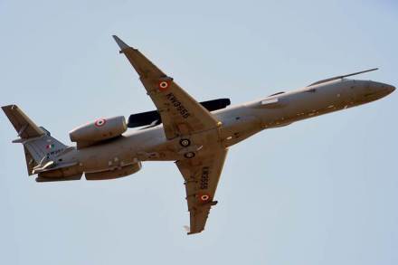 Bengaluru : DRDO-Embraer AEW&CS (Air-Borne Early Warning and Control System) aircraft on a sortie during a rehersal ahead of AERO INDIA 2017 at Yelahanka air base in Bengaluru on Sunday. PTI Photo by Shailendra Bhojak(PTI2_12_2017_000182A)