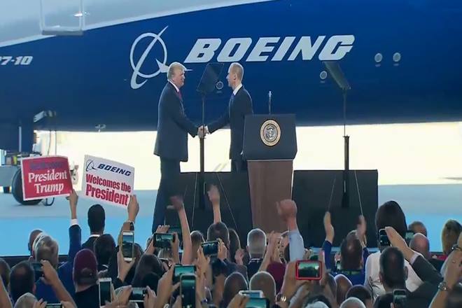 At unveiling of new Boeing 787-10 Dreamliner, Donald Trump says ‘This is our mantra. Buy American and hire American’ At unveiling of new Boeing 787-10 Dreamliner, Donald Trump says ‘This is our mantra. Buy American and hire American’