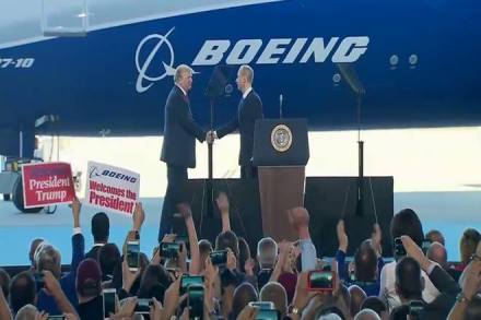At unveiling of new Boeing 787-10 Dreamliner, Donald Trump says ‘This is our mantra. Buy American and hire American’ At unveiling of new Boeing 787-10 Dreamliner, Donald Trump says ‘This is our mantra. Buy American and hire American’