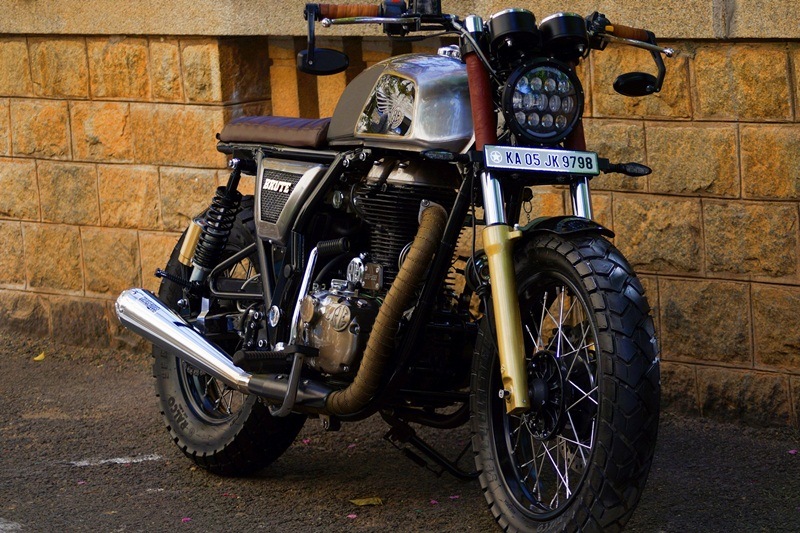Brute: Modified Continental GT: Cafe Racers are classic and cool, and Bulleteer Customs took the classic racer to another level with the Brute. Its inception can be attributed to the fact that the owner of the Continental GT was very uncomfortable with the riding position. Bulleteer Customs managed to transform the bike into a comfortable scrambler and more. (Image Source: 350cc.com)