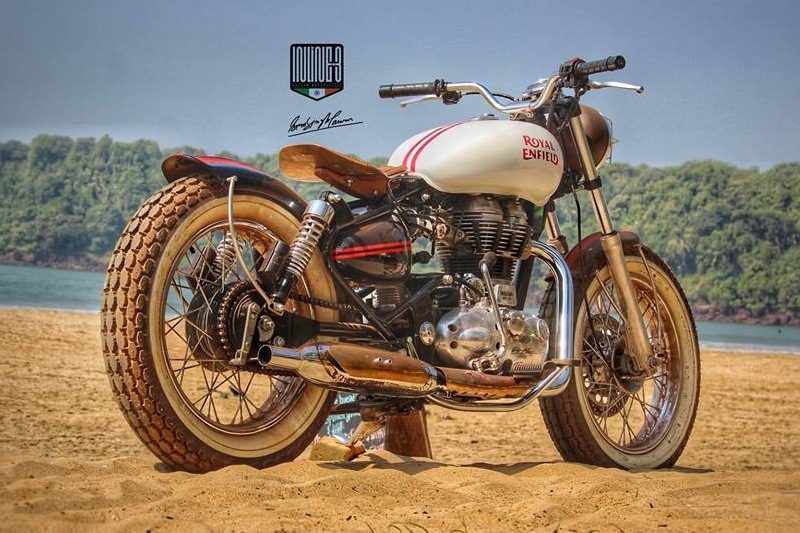 Royal Enfield beach tracker: Another one from the Inline3 Custom Motorcycles, Chandigarh. A 500cc Royal Enfield was modified in order to run in the Royal Enfield Rider Mania 2016, and the end product was quite a head turner with whitewall tyres and the classic paint job.