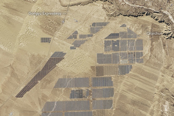 The solar farm sits on the Tibetan Plateau in China and has the capacity to power 200,000 households. (Image: NASA) The solar farm sits on the Tibetan Plateau in China and has the capacity to power 200,000 households. (Image: NASA)