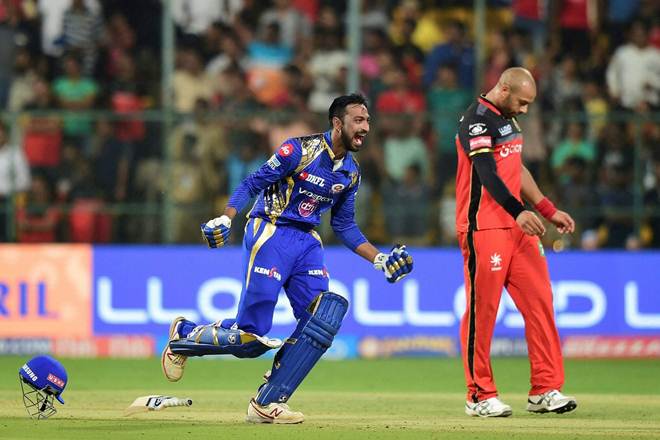 Mumbai Indians Krunal Pandya celebrates after wining against Royal Challengers Bangalore during IPL 10 match at Chinnaswamy Stadium in Bengaluru. (PTI)