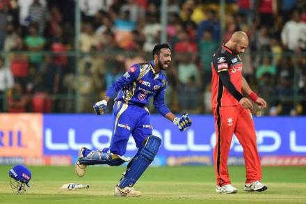 Mumbai Indians Krunal Pandya celebrates after wining against Royal Challengers Bangalore during IPL 10 match at Chinnaswamy Stadium in Bengaluru. (PTI)