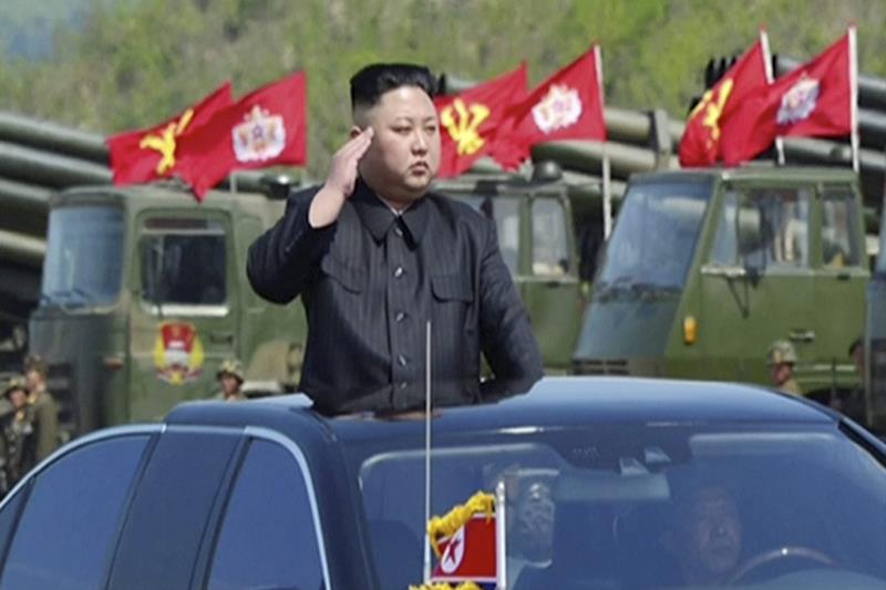 North Korea's leader Kim Jong Un watches a military drill marking the 85th anniversary of the establishment of the Korean People's Army (KPA) in this handout photo by North Korea's Korean Central News Agency (KCNA) made available on April 26, 2017. (Reuters)