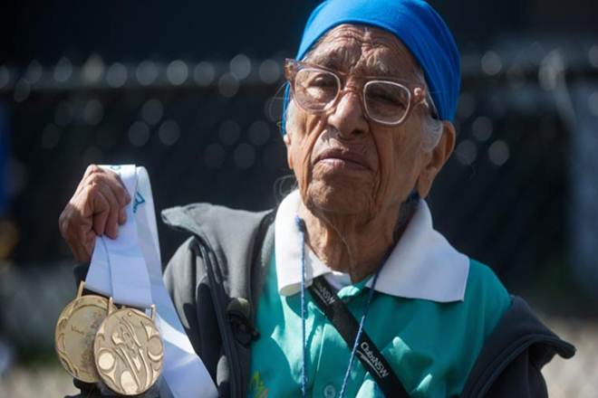 Woman Indian Athlete, 101- year-old, Man Kaur, World Masters Games,Auckland, Indian athlete Woman Indian Athlete, 101- year-old, Man Kaur, World Masters Games,Auckland, Indian athlete