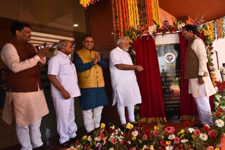 Modi, accompanied by Union Minister Ramdas Athawale and Chief Minister Devendra Fadnavis, went around the Deekshabhoomi and later garlanded a large bust of Babasaheb Ambedkar installed there. (Twitter) Modi, accompanied by Union Minister Ramdas Athawale and Chief Minister Devendra Fadnavis, went around the Deekshabhoomi and later garlanded a large bust of Babasaheb Ambedkar installed there. (Twitter)