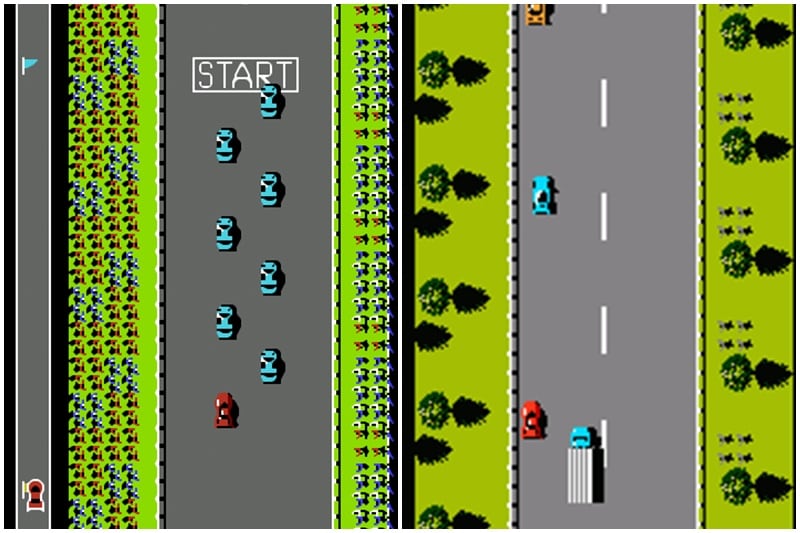 Road Fighter: This game was mostly about lane changing. Remember the white car - if you ran into it, you got a fuel fill up. The race track had trucks on it too! But who cares, we drove at speeds over 250 kmph.