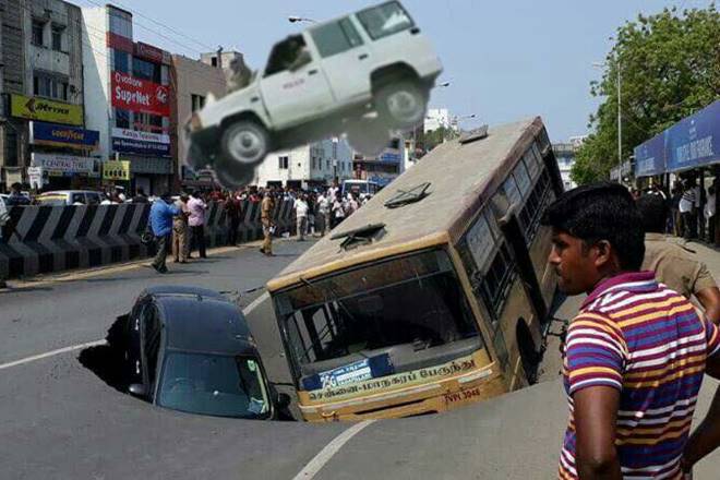 Chennai's Anna Salai, Road cave in, road collapsed in Anna Salai, Mount Road, twitter memes