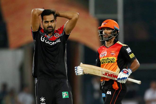 Aniket Choudhary of the Royal Challengers Bangalore reacts after a delivery during IPL 2017 match against Sunrisers Hyderabad at the Rajiv Gandhi Stadium in Hyderabad. (PTI)