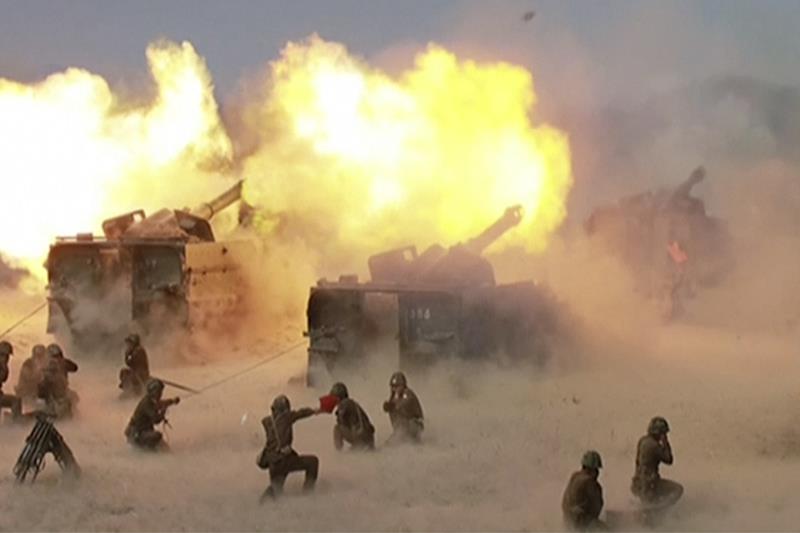 This image made from video of a still image broadcast in a news bulletin by North Korea's KRT on Wednesday, April 26, 2017, shows what was said to be a "Combined Fire Demonstration" held to celebrate the 85th anniversary of the North Korean army, in Wonsan, North Korea. Independent journalists were not given access to cover the event depicted in this photo. (KRT via AP Video)