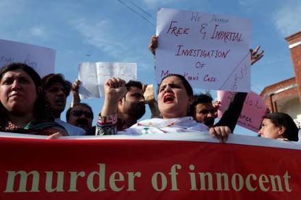 People demonstrate after the killing Mashal Khan, accused of blasphemy, by a mob at Abdul Wali Khan University in Mardan, during a protest in Peshawar. (Reuters)