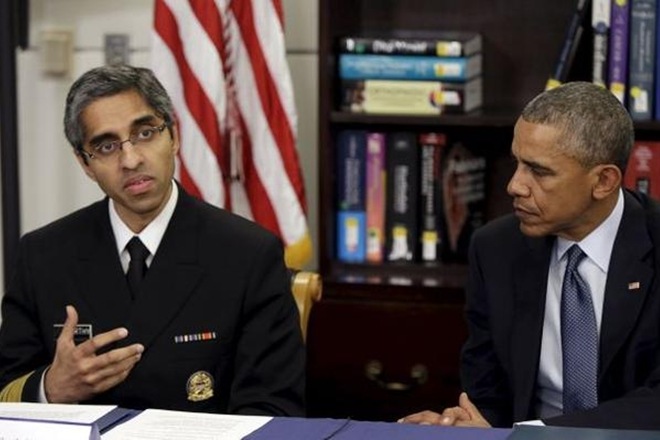 US Surgeon General Dr. Vivek Murthy (left) with former US President Barack Obama in Washington on April 7, 2015. (Reuters)