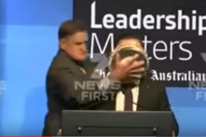 The stunned Irishman left to clean himself up as his attacker was surrounded by security staff. (Youtube videograb) The stunned Irishman left to clean himself up as his attacker was surrounded by security staff. (Youtube videograb)