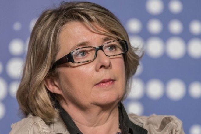 Corinne Erhel, 50, was the last to speak at the rally Friday in western France when she suddenly fell to the ground. (Twitter) Corinne Erhel, 50, was the last to speak at the rally Friday in western France when she suddenly fell to the ground. (Twitter)