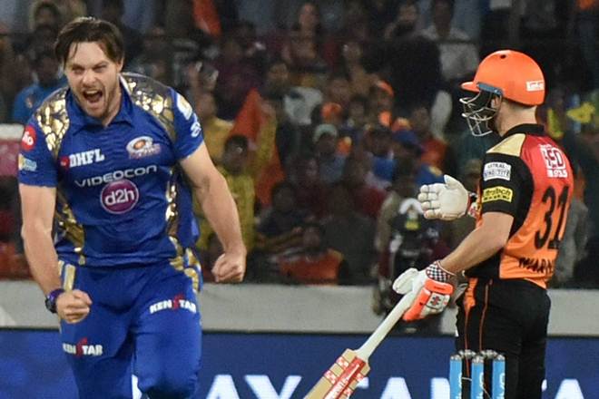 Mitchell McClenaghan of Mumbai Indians celebrates wicket of David Warner captain of Sunrisers Hyderabad. (PTI)