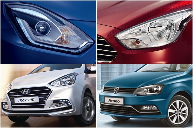 Headlamps: The Dzire gets segment busting projector headlamps, which add to the premium appeal. It joins the Xcent in the DRL department, although the Baleno get the DRLs on the headlamp unit while the Xcent sports its DRL above the fog lamps. The Aspire and the Ameo however get standard dual beam headlights which put them on a back foot in an ever evolving market. This is a perfect example of how Maruti Suzuki intends to position the Baleno vis-a-vis the competition. Placing at the forefront of the segment. Fog lamps are available in the top models of all four cars.