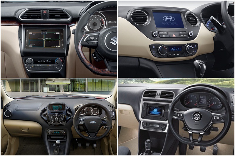 Infotainment: The infotainment system is quite literally the party piece of every car. Again the 2017 DZire seems to eeke away from the competition. Being the only one in the segment to offer Apple CarPlay and Android Auto. It also brings navigation to the segment. The Ameo and the Xcent both get touch screen, colour infotainment systems with all the bells and whistles. However, the Figo Aspire still flaunts Fords slightly dated infotainment unit which it share with the EcoSport. Although the infotainment system does not play a vital role in functionality it does add large value to the aesthetic appeal of the car and this could be a tipping point against the Ford.