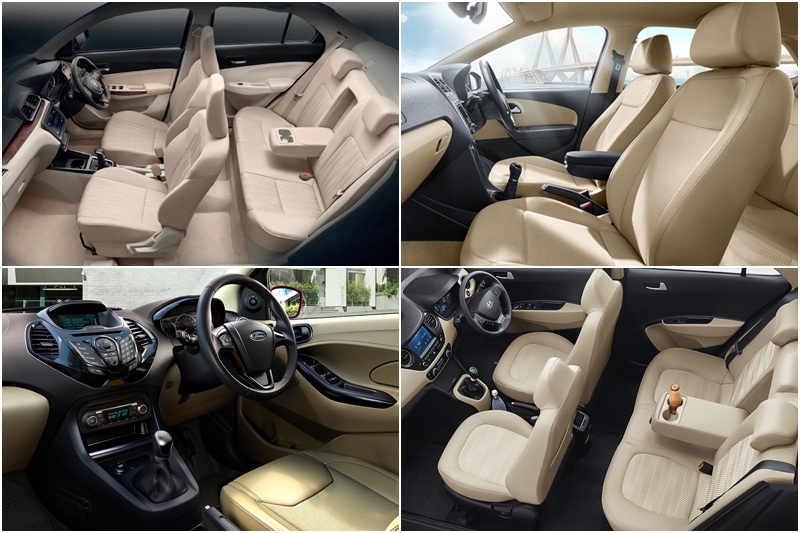 Interiors : Interestingly, all four manufacturers seem to have gone for the all beige theme at the top end. However, again the newest kid on the block takes the metaphoric biscuit. Adding value to the interiors with the faux wood inserts on the dash. All four cars have no shortage of cubby-holes for nick-nacks and bottle holders, and the difference between them here is as little as makes no difference. The Ameo and the Dzire are the only two to sport the aesthetically designed flat bottomed steering wheel.